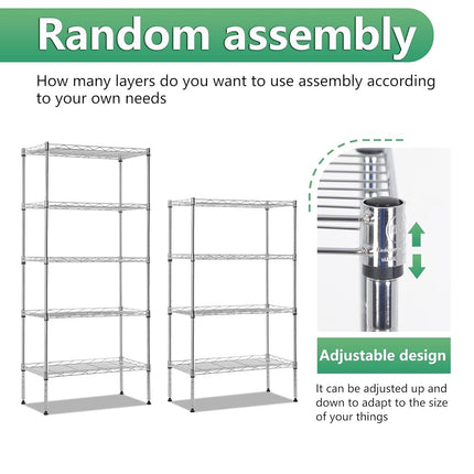 BestOffice | 5-Tier Wire Storage Shelves | 22x12x48 | Chrome | with Adjustable Racks | Heavy-Duty Metal Shelf, Holds Upto 750 lbs | No-Tool Assembly | Ideal for Home & Garage Shelving