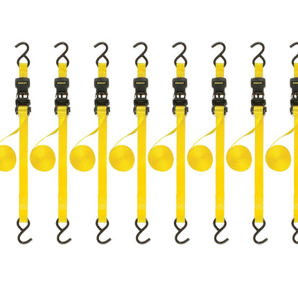Stanley S1000 Black/Yellow 1" x 10' Ratchet Tie Down Straps - Light Cargo Hauling (1,500 lbs Break Strength), 8 Pack