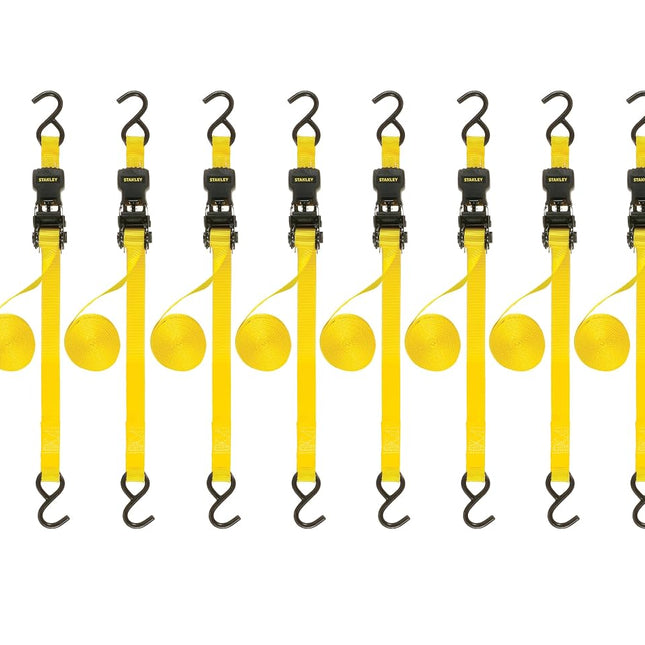 Stanley S1000 Black/Yellow 1" x 10' Ratchet Tie Down Straps - Light Cargo Hauling (1,500 lbs Break Strength), 8 Pack