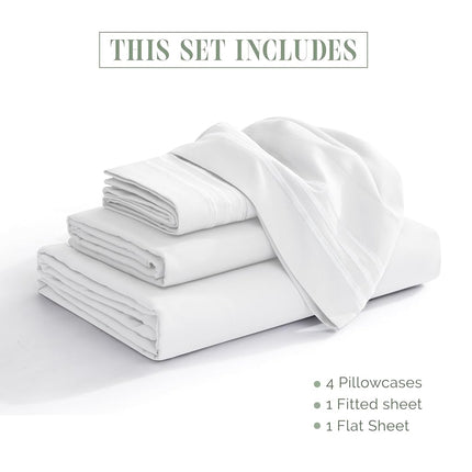 Elegant Comfort Luxurious 1500 Premium Hotel Quality Microfiber Three Line Embroidered Softest 4-Piece Bed Sheet Set, Wrinkle and Fade Resistant, Full, White
