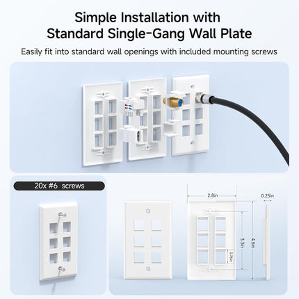 Cable Matters (10-Pack) Low Profile 6-Port Cat5e / Cat6 Keystone Jack Wall Plate in White