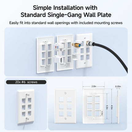 Cable Matters (paquete de 10) Placa de pared de perfil bajo con 6 puertos Cat5e/Cat6 Keystone Jack, color blanco