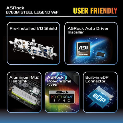 Asrock B760M STEEL LEGEND WIFI, Intel B760, 1700, Micro ATX, 4 DDR5, HDMI, DP, eDP, Wi-Fi 6E, 2.5G LAN, PCIe5, 3x M.2, RGB