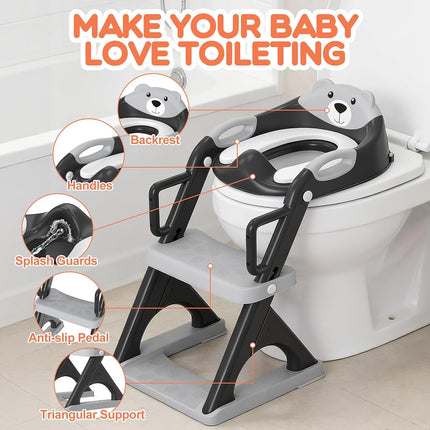 Toddler Toilet Seat and Step Upgrade More Stable Safer 2 in 1 Kids Toilet Seat with Ladder Foldable Baby Potty Training Anti-Slip Pad Step Stool, Splash Guard, Adjustable for Kids to Independently