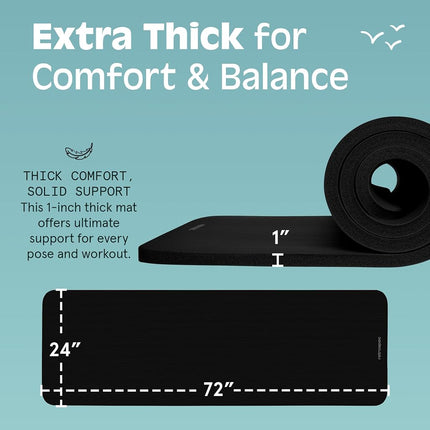 Retrospec Solana Yoga Mat 1" Thick w/Nylon Strap for Men & Women - Non Slip Exercise Mat for Home Yoga, Pilates, Stretching, Floor & Fitness Workouts - Black