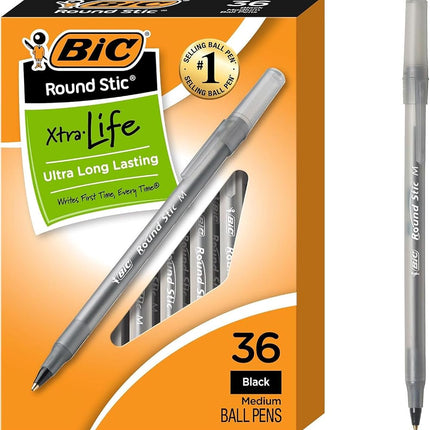BIC® Round Stic® Xtra Life Ball Point Pen, Black, 36 Pack