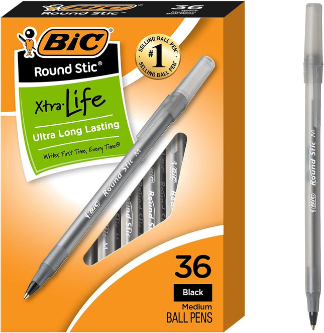 BIC® Round Stic® Xtra Life Ball Point Pen, Black, 