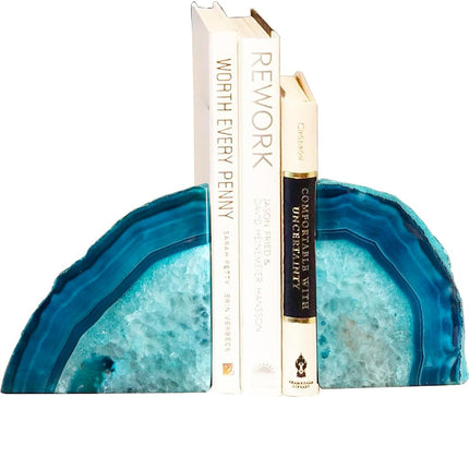 AMOYSTONE Decorative Bookends Agate Polished Art Book end Dyed Teal Small(1 Pairs, 2-3 LBS)