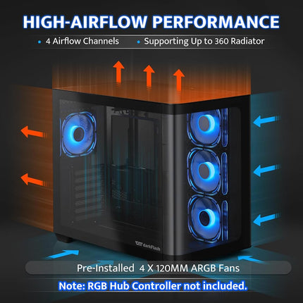 darkFlash ATX Mid-Tower Gaming PC Case, Back Plug-in BTF Motherboard, with 4 ARGB Fans Computer Case, Full View Curve Glass Dual-Chamber PC Case, Type C Port, Supports Dual 360mm AIO, Black(DPW90)