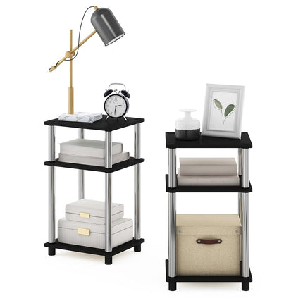 Furinno JUST Side Table Set of 2, 3-Tier End Tables, Open Shelves Night Stand, Nightstand, Toolless Assembly, for Living Room, Bedroom, Americano/Stainless Steel