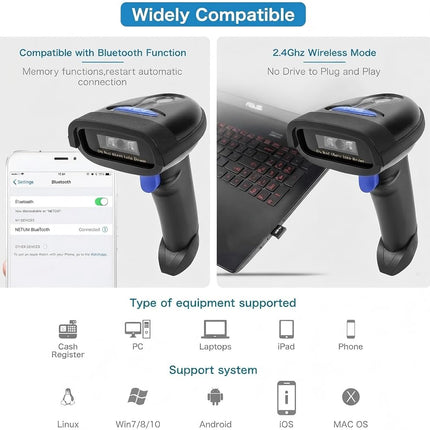 NETUM Wireless 1D Barcode Scanner – Bluetooth/USB/2.4G for Phone/Table/PC