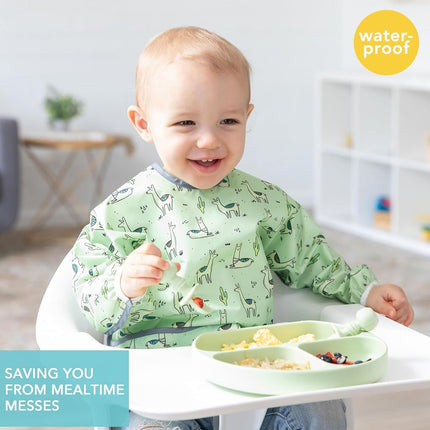 Bumkins Sleeved Bib, Handy Tie Closure for Custom Fit, Catch-All Pocket, Baby-Led Weaning, Waterproof, Machine Washable, Stain & Odour Resistant, BPA Free, 6-24 Months, Llama Design