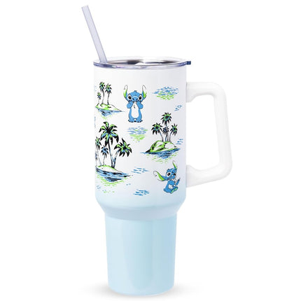 Silver Buffalo Lilo And Stitch Palm Sketch Pattern Stainless Steel Tumbler w Handle, 40 Ounces