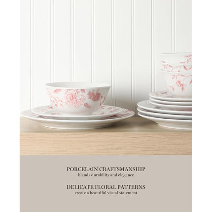 Service de table 12 pièces Martha Stewart Empress Bouquet en porcelaine décorée, résistante aux ébréchures et aux rayures - Rose fleuri