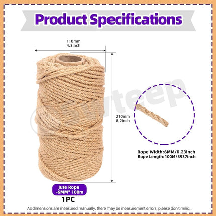Swpeet 6mm x 328 Feet Jute Twine Braided Natural Jute Rope, Long Twine String Wrapping Packing Gardening Crochet Perfect Arts Crafts Gift Twine Christmas Twine for Craft Projects, Wrapping, Packing