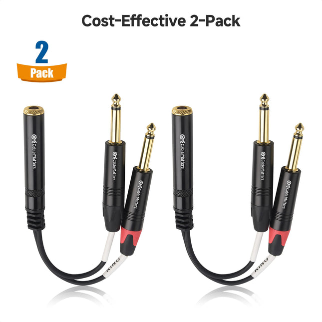 Cable Matters Paquete de 2 Cables Divisores de Audio Estéreo TRS de 1/4 a Doble TS (Adaptador Hembra Doble TS de 1/4 de Pulgada a TRS) en Negro - 6 Pulgadas / 0.15 Metros