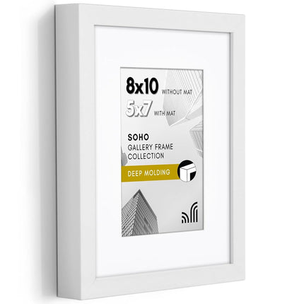 Americanflat 8x10 Picture Frame with Shatter-Resistant Glass - Use as 5x7 Frame with Mat or Display 8x10 Photo Without Mat - Soho Collection - Deep Molding Picture Frames for Tabletop or Wall - White