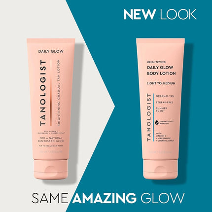 Tanologist Brightening Daily Glow Body Lotion- Light/Medium, Gradual Tanning Lotion, No Fake Tan Smell, Streak-Free & Natural Looking Self Tanner, Vegan, 8.45 fl. oz/250 ml Tube