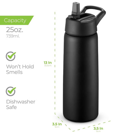 SipX™ Insulated Water Bottle with 3 Lids 25 oz (740 mL). Leakproof Stainless Steel, Triple Insulated – Cold 24 Hours/Hot 12 Hours – Durable Bottle for School, Gym, Travel – Black
