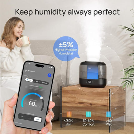 DREO Smart Humidifiers for Bedroom 4L Top Fill Wide Mist Outlet 36H Lasting