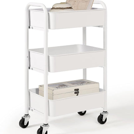 SunnyPoint Chariot de rangement mobile compact en métal à 3 niveaux – Chariot de service de cuisine/sous le bureau avec roulettes (WHT, Compact (15,5" X 26,8" X 10,27"))