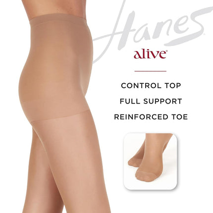 Hanes Women’s Alive Full Support Control Top Pantyhose, Jet 1-pack, L