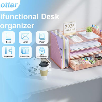 gianotter Paper Letter Tray Organizer with File Holder, 4-Tier Desk Accessories & Workspace Desk Organizers with Drawer and 2 Pen Holder for Office Supplies (Rose Gold)