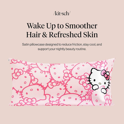Kitsch x Hello Kitty (Pink Kitty Faces) - Satin Pillowcase with Zipper for Hair and Skin, Softer Than Silk, Smooth Cooling Pillow Covers, Machine Washable, King Size (19x36)