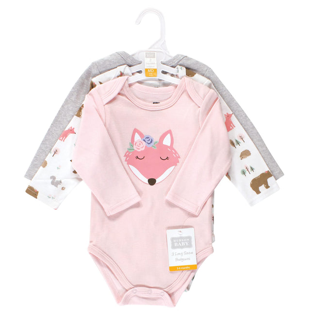 Hudson Baby Baby Girls Cotton Long-sleeve Bodysuits 3-pack, Girl Fox, 3-6 Months