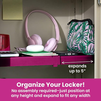 LockerMate Adjust-A-Shelf 6-Piece Locker Accessories Set, Extends to Fit Your Locker, Includes Storage Drawer, Mirror, Whiteboard, Storage Cup, Pink (50924KIT-FCH)