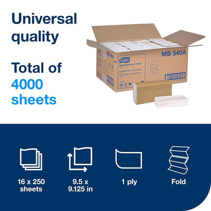 Tork Universal Multifold Paper Towel H2, 3-Panel Hand Towel MB540A, 100% Recycled Fibers, 1-Ply, White - 16 x 250 Sheets