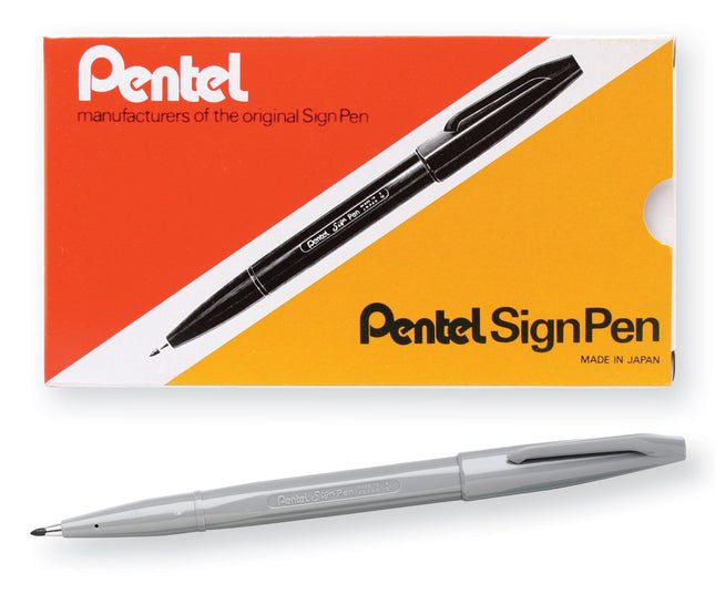 Pentel Sign Pen Fiber-Tipped Pen, Gray Ink, Box of