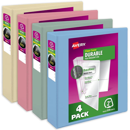 Avery Durable View 3 Ring Binders, 2 Inch Slant Rings, 530-Sheet Capacity, DuraHinge, 2.8 Inch Wide Spine, Customizable Clear Covers and Spine, Pastel Colors (05636) (Pack of 4)