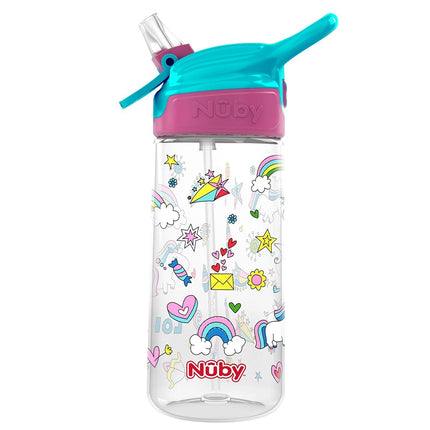 Botella de agua de tritán Nuby Push Button Flip-it con boquilla suave, Unicornios rosados, 532 ml