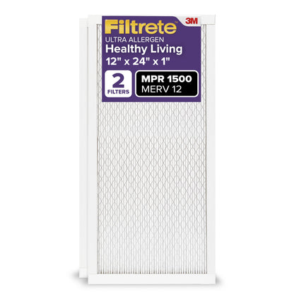 Filtrete 12x24x1 AC Furnace Air Filter, MERV 12, MPR 1500, CERTIFIED asthma & allergy friendly, 3 Month Pleated 1-Inch Electrostatic Air Cleaning Filter, 2-Pack (Actual Size 11.69x23.69x0.78 in)