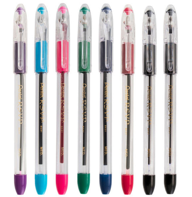 Bolígrafo Pentel RSVP Original, (1,0 mm) Trazo Medio, Colores de Tinta Surtidos, Barril Transparente, Paquete de 8 con Bolígrafo de Tinta Negra Adicional