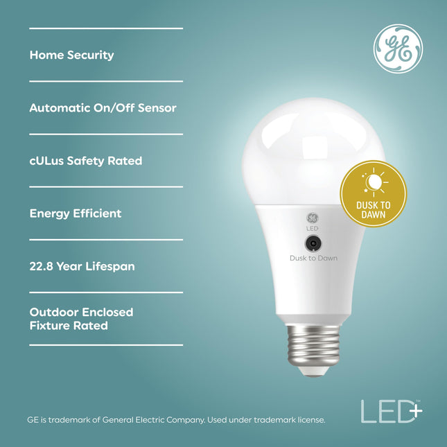GE LED+ Dusk to Dawn A21 LED Light Bulb, Automatic On/Off Outdoor Light, 13W, Daylight (3 Pack)