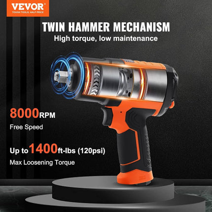 VEVOR 1/2-Inch Air Impact Wrench, High Torque Up to 1400 ft-lbs, Lightweight 4.6 lb Design Pneumatic Impact Gun with 11-PCS 1/2-Inch Drive CR-V Steel Impact Socket Set & Carrying Case