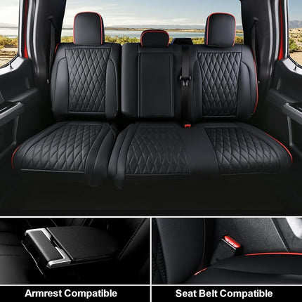 Fundas de asiento de cuero Coverado, juego completo para Ford F150F250F350F450 (2015-2025), fundas impermeables de cojín automotriz para camionetas, ajuste personalizado para F150 SuperCrew y F250-F450 Super Duty Crew Cab (línea roja)