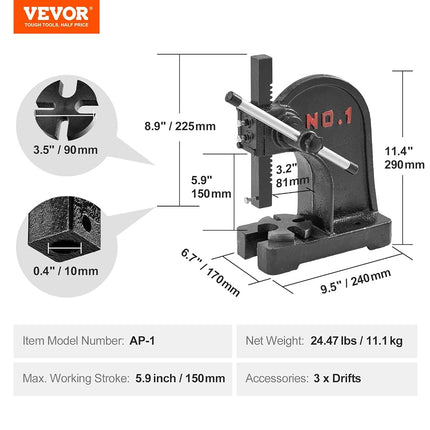 VEVOR Arbor Press, 1 Ton Manual Arbor Press, 5.9" Maximum Height, Cast Iron Heavy-duty Manual Desktop Arbor Press, Precision Hand Press for Stamping, Bending, Stretching, Forming