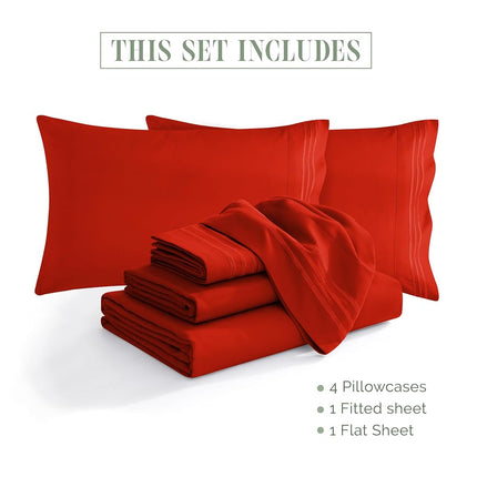 Elegant Comfort 1500 Premium Quality 6-Piece Bed Sheet Set - 18-24 Inch Extra Deep Pocket, Smart Storage Pockets, Wrinkle Free Ultra Soft 6PC Extra Deep Pocket Sheets, Queen, Red