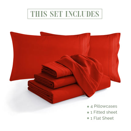 Elegant Comfort 1500 Premium Quality 6-Piece Bed Sheet Set - 18-24 Inch Extra Deep Pocket, Smart Storage Pockets, Wrinkle Free Ultra Soft 6PC Extra Deep Pocket Sheets, Queen, Red