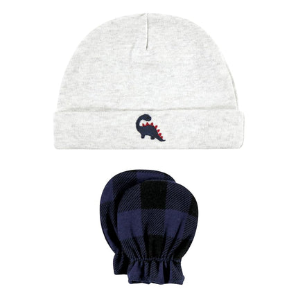 Hudson Baby unisex-baby Cotton Cap and Scratch Mitten Set, Burgundy Dino, 0-6 Months