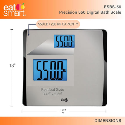 Báscula digital de baño de gran capacidad Eat Smart Precision de 550 libras con plataforma extraancha, de acero inoxidable