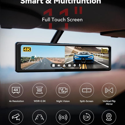 REDTIGER Rear View Mirror Camera for Cars,4K Front and 2.5K Rear Mirror Dash Cam Backup Camera,11" UHD Full Touch Screen Rearview Mirror Dash Camera, Night Vision GPS Reverse Parking Monitor 32GB Card