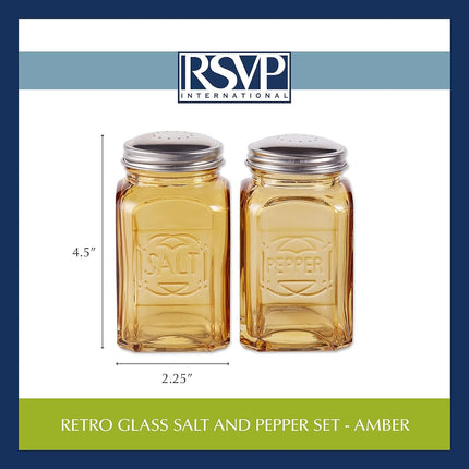 RSVP International Jumbo Retro Glass Salt & Pepper Shaker, Screw On Stainless Steel Lid, Each Shaker Holds 8 Ounces, Amber, 2.25x2.25x4.3, 2 Piece