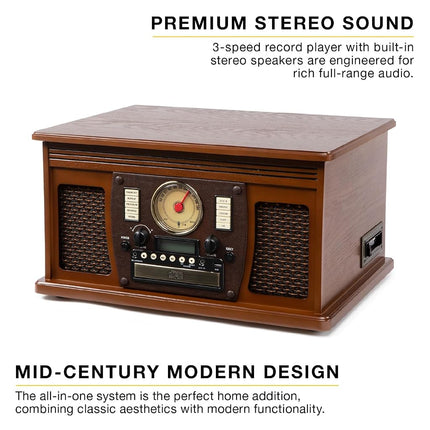 Victrola Navigator 8-in-1 Bluetooth Record Player with Built-in Speakers – 3 Speed, CD Player, Cassette, FM Radio, USB, RCA Out, Headphone Jack, Wireless Music Streaming, Real Wood (Walnut)