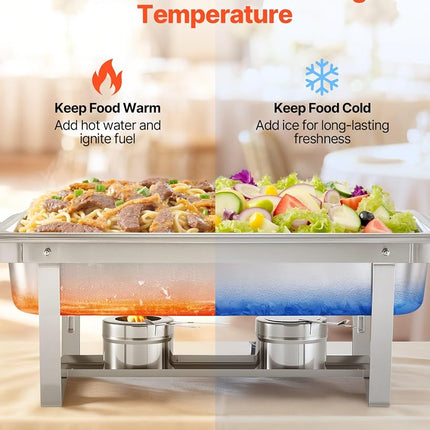 VEVOR Rectangle Chafing Dish, 9 Qt 6 Pack Stainless Steel Chafing Dish, Food Warmer Chafer Complete Set with Hollow Handle, 3 Food Tongs, Lid, Fuel Holder, Chafer Dishes for Banquet Party Wedding