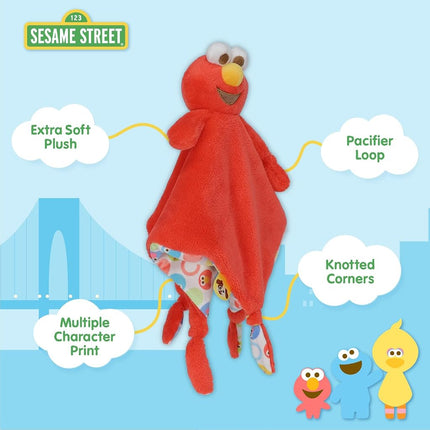 Sesame Street Elmo Blanky Made of Soft Material with Knotted Corners and Pacifer Loop for Babies and Infants