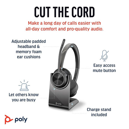 Poly Voyager 4320 UC Wireless Headset & Charge Stand -Noise-Canceling Boom Mic - Connect PC/Mac/Mobile via Bluetooth - Works w/Teams, Zoom, & More